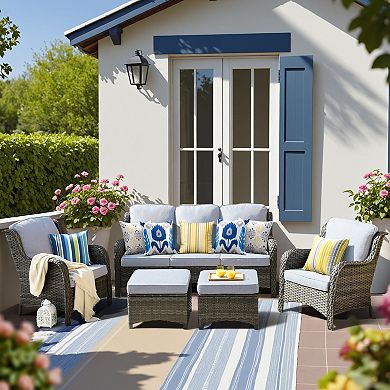 Ovios 5-Piece Outdoor Furniture Conversation Set, All Weather Wicker High Back Sofa Set w/ Ottomans