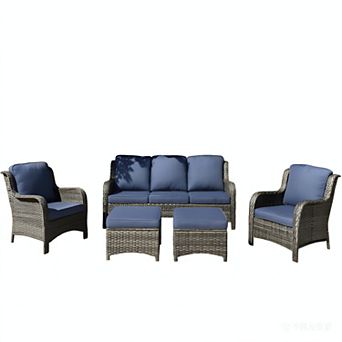 Ovios 5 pc Outdoor Furniture Conversation Set, All Weather Wicker High Back Sofa Set w/ Ottomans