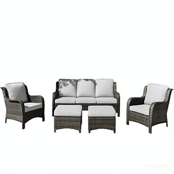 Ovios 5 pc Outdoor Furniture Conversation Set, All Weather Wicker High Back Sofa Set w/ Ottomans