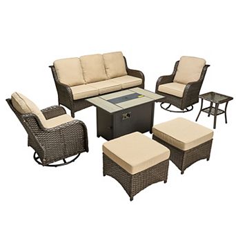 Ovios Patio 7 pc Set w/ Swivel Chairs, Ottomans & Fire Pit Table, Gray/Brown PE Rattan w/ Cushions