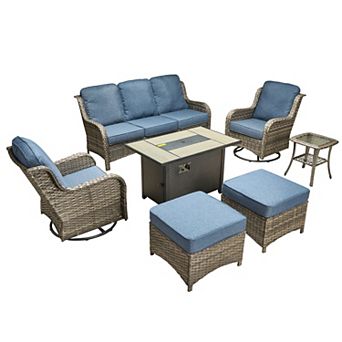 Ovios Patio 7 pc Set w/ Swivel Chairs, Ottomans & Fire Pit Table, Gray/Brown PE Rattan w/ Cushions