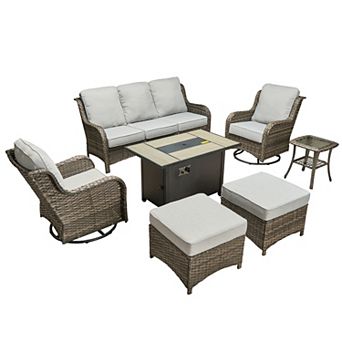 Ovios Patio 7 pc Set w/ Swivel Chairs, Ottomans & Fire Pit Table, Gray/Brown PE Rattan w/ Cushions