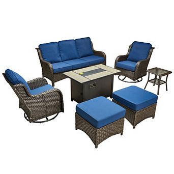 Ovios Patio 7 pc Set w/ Swivel Chairs, Ottomans & Fire Pit Table, Gray/Brown PE Rattan w/ Cushions