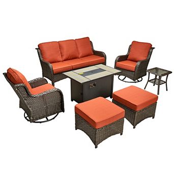 Ovios Patio 7 pc Set w/ Swivel Chairs, Ottomans & Fire Pit Table, Gray/Brown PE Rattan w/ Cushions