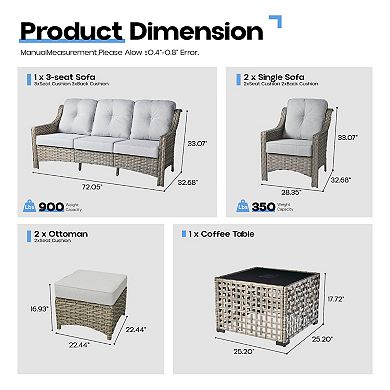 Ovios 6 Pieces Wicker Conversation Set, 3-Seat Sofa w/ High Back Rattan Chairs for Backyard