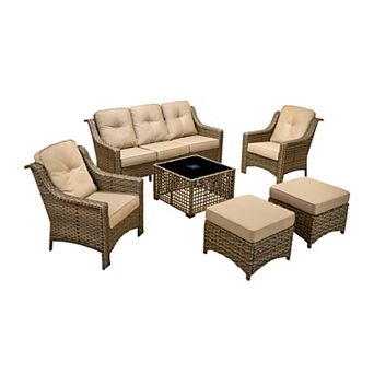 Ovios 6 pc Outdoor Sofa Set w/ Solar Light Coffee Table & 3-in-1 Ottoman, Waterproof PE Wicker