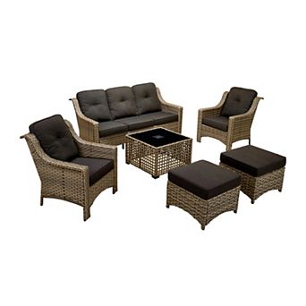 Ovios 6 pc Outdoor Sofa Set w/ Solar Light Coffee Table & 3-in-1 Ottoman, Waterproof PE Wicker