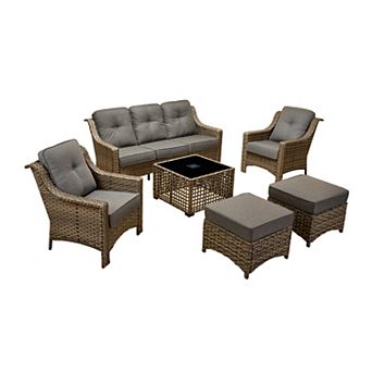 Ovios 6 pc Outdoor Sofa Set w/ Solar Light Coffee Table & 3-in-1 Ottoman, Waterproof PE Wicker