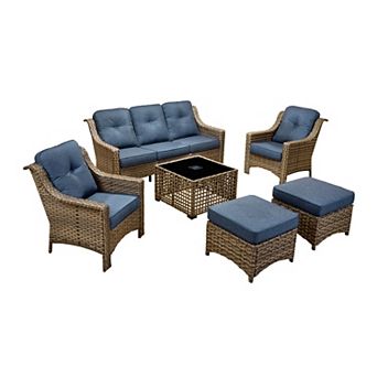 Ovios 6 pc Outdoor Sofa Set w/ Solar Light Coffee Table & 3-in-1 Ottoman, Waterproof PE Wicker