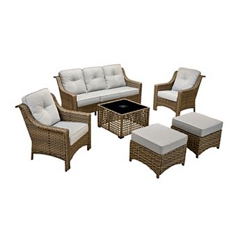 Ovios 6 pc Outdoor Sofa Set w/ Solar Light Coffee Table & 3-in-1 Ottoman, Waterproof PE Wicker