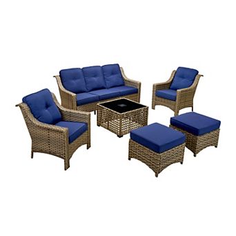 Ovios 6 pc Outdoor Sofa Set w/ Solar Light Coffee Table & 3-in-1 Ottoman, Waterproof PE Wicker