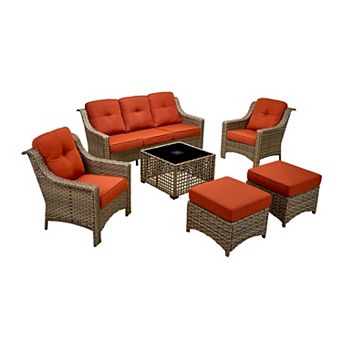 Ovios 6 pc Outdoor Sofa Set w/ Solar Light Coffee Table & 3-in-1 Ottoman, Waterproof PE Wicker