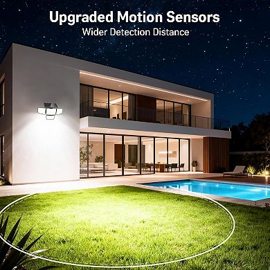 Solar Outdoor Lights Wide Angle Flood Wall, 4 Heads Motion Sensor Lights for Yard, 2 Pack