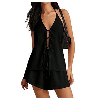 Women's Casual Linen Shorts Set Two-Piece Set Y2K Backless Tie-Neck Camisole Top and Shorts Set