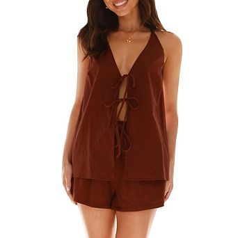 Women's Casual Linen Shorts Set Two-Piece Set Y2K Backless Tie-Neck Camisole Top and Shorts Set