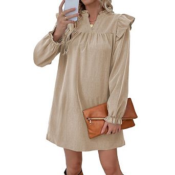 Women's Ruffled Sleeve V-Neck Mini Dress Stand Collar Long Sleeve Loose Dress