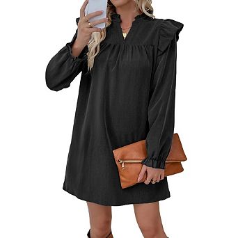 Women's Ruffled Sleeve V-Neck Mini Dress Stand Collar Long Sleeve Loose Dress