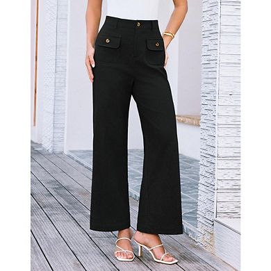 Women's Casual Button Down High Waist Wide Leg Pants Straight Leg Slim Fit Elastic with Pockets