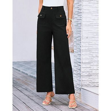 Women's Casual Button Down High Waist Wide Leg Pants Straight Leg Slim Fit Elastic with Pockets