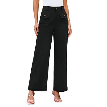 Women's Casual Button Down High Waist Wide Leg Pants Straight Leg Slim Fit Elastic with Pockets