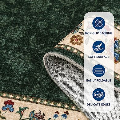 Non Slip Vintage Hallway Runner Rug with Rubber Backing Low Pile Foldable Bordered