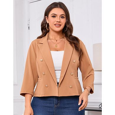 Women's Plus Size Casual Long Sleeve Blazer Double-Breasted Gold Button Lapel Business Formal Blazer
