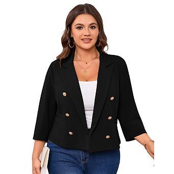 Women's Plus Size Casual Long Sleeve Blazer Double-Breasted Gold Button Lapel Business Formal Blazer