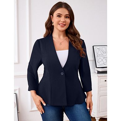 Women's Plus Size Slim Fit Casual Blazer Three-Quarter Sleeve Single Button Opening Ruffle Blazer