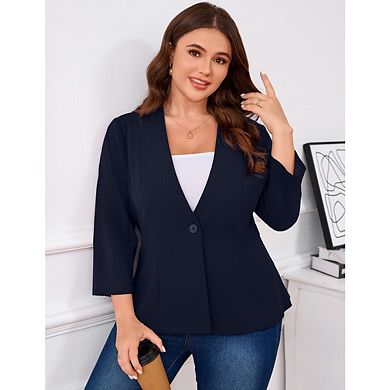 Women's Plus Size Slim Fit Casual Blazer Three-Quarter Sleeve Single Button Opening Ruffle Blazer
