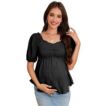 Women's Maternity Casual Peplum Tops Ruffle Trim Short Sleeve V Neck Smocked Blouses Dressy Shirt