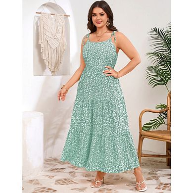 Women's Plus Size Floral Print Spaghetti Strap Maxi Dress U-Neck Layered Spaghetti Strap Maxi Dress