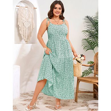 Women's Plus Size Floral Print Spaghetti Strap Maxi Dress U-Neck Layered Spaghetti Strap Maxi Dress