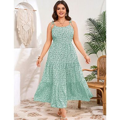 Women's Plus Size Floral Print Spaghetti Strap Maxi Dress U-Neck Layered Spaghetti Strap Maxi Dress