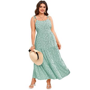Women's Plus Size Floral Print Spaghetti Strap Maxi Dress U-Neck Layered Spaghetti Strap Maxi Dress