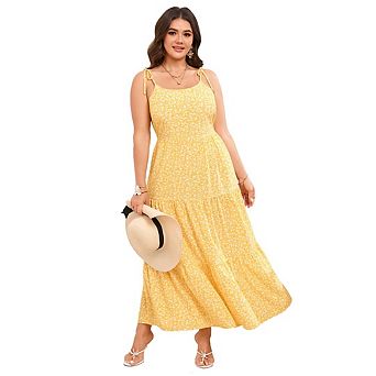 Women's Plus Size Floral Print Spaghetti Strap Maxi Dress U-Neck Layered Spaghetti Strap Maxi Dress