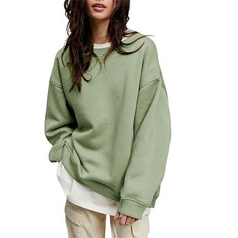 Women's Casual Loose-fitting Hoodie Crew Neck Long Sleeve Solid Color Pullover Sweatshirts