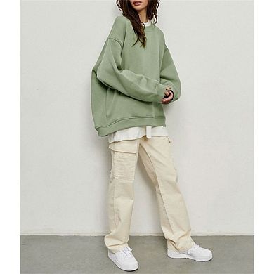Women's Casual Loose-fitting Hoodie Crew Neck Long Sleeve Solid Color Pullover Sweatshirts