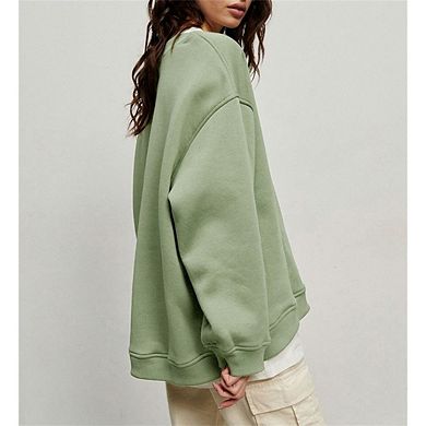 Women's Casual Loose-fitting Hoodie Crew Neck Long Sleeve Solid Color Pullover Sweatshirts