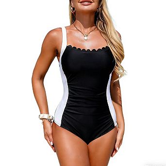 Women's 1 pc Swimsuit Square Neck Scalloped Trim Contrast Strap Ruched Sides Bikini