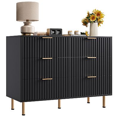Fluted 6 Drawer Storage Dresser, Tall Modern Chest with Ample Deep Drawers and Wide Top