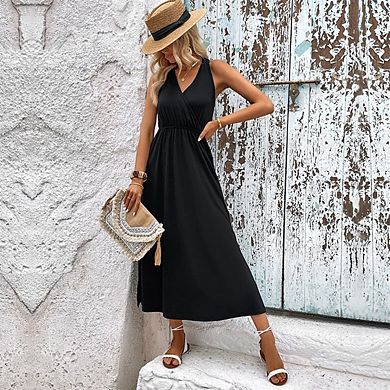 Women's Sleeveless Deep V-Neck Maxi Dress Fitted Waist Slit Solid Color MIdi Dress