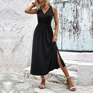Women's Sleeveless Deep V-Neck Maxi Dress Fitted Waist Slit Solid Color MIdi Dress