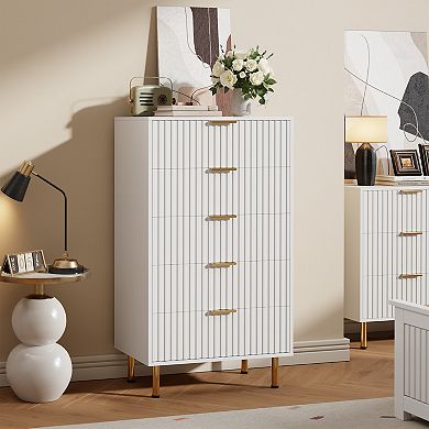 Fluted 5 Drawer Storage Dresser, Tall Modern Chest with Ample Deep Drawers and Wide Top