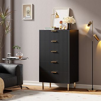 Fluted 5 Drawer Storage Dresser, Tall Modern Chest with Ample Deep Drawers and Wide Top