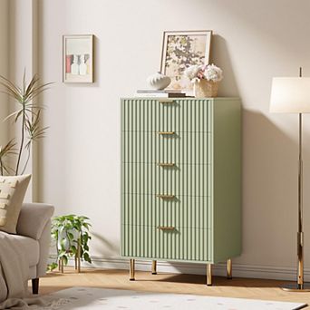 Fluted 5 Drawer Storage Dresser, Tall Modern Chest with Ample Deep Drawers and Wide Top