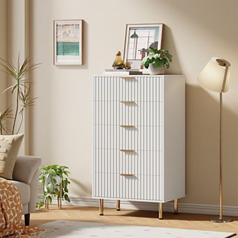Fluted 5 Drawer Storage Dresser, Tall Modern Chest with Ample Deep Drawers and Wide Top