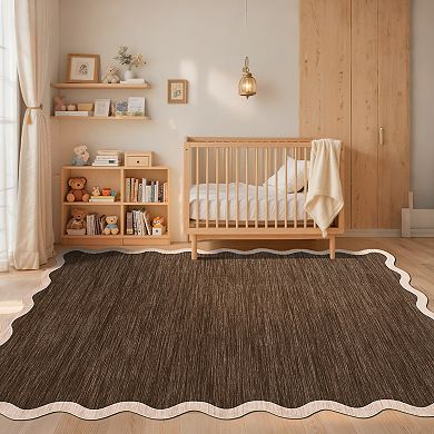 Modern Washable Rug Scalloped with Non Slip Backing, Neutral Farmhouse Soft Low Pile Carpet