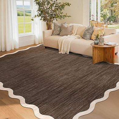 Modern Washable Rug Scalloped with Non Slip Backing, Neutral Farmhouse Soft Low Pile Carpet