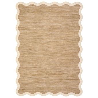 Modern Washable Rug Scalloped with Non Slip Backing, Neutral Farmhouse Soft Low Pile Carpet