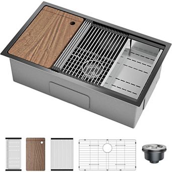 32" x 19" Undermount Workstation Kitchen Sink, Single Bowl w/Cutting Board, Rack, No Faucet